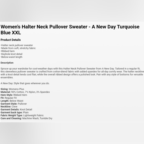 Women's Halter Neck Pullover Sweater - A New Day Turquoise Blue XXL - Picture 3 of 3